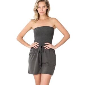 Smocked Tube Romper with Pockets Ash Gray
